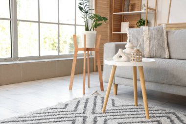 Aydınlık oturma odasındaki gri kanepenin yanındaki masada sazlık yayıcılı şık vazolar.