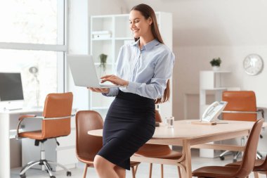 Ofiste dizüstü bilgisayarla çalışan güzel sekreter.