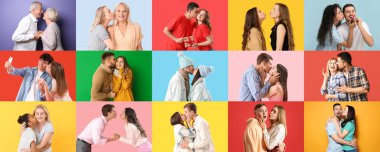 Renkli arka planda insanları öpme kolajı