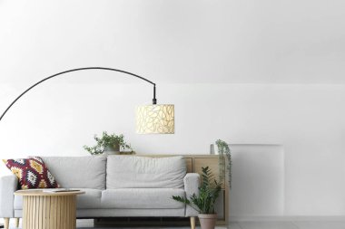 Lambalı, kanepeli ve masalı bir oturma odası.