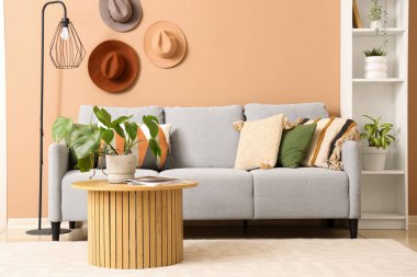 Kahve sehpası ve kahverengi duvarın yanında raf ünitesi olan şık gri kanepe.