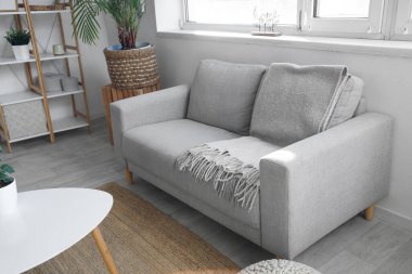 Aydınlık oturma odasında ekoseli gri kanepe