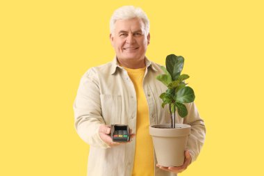 Sarı arka planda bitki ve ödeme terminali olan olgun bir adam.