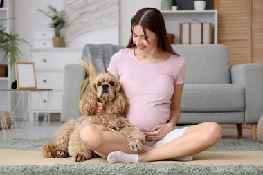 Cocker Spaniel 'li hamile bir kadın evde fitness minderinde oturuyor.