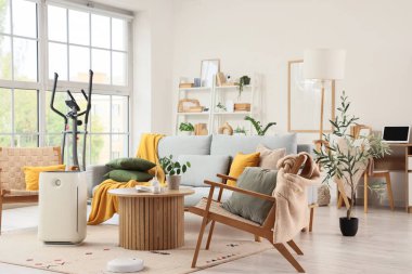 Şık oturma odasının koltukları, modern hava nemlendiricisi ve robot elektrikli süpürgesi.