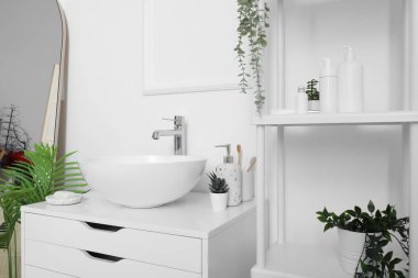 Lavabo kasesi ve banyo aksesuarları banyodaki çekmecelerin üzerinde.