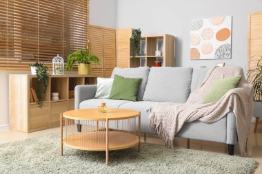 İçinde kanepe, masa ve bitkiler olan rahat bir oturma odası.