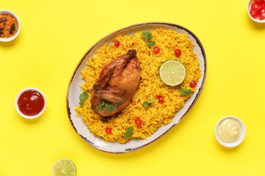 Sarı arka planda geleneksel tavuk biryani tabağı.
