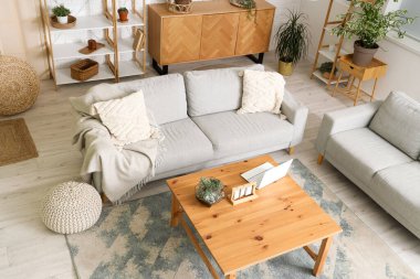 Koltukları, çiçekleri, göğüs çekmecesi, raf üniteleri ve dizüstü bilgisayarı olan rahat bir oturma odası.