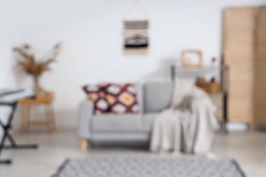 Oturma odasının bulanık manzarası, kanepe ve otlar.