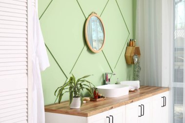 Çiçek, lavabo çekmeceler ve banyonun iç tarafındaki katlama perdeler.