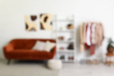 Giysilerle, raf ünitesiyle ve soyunma odasındaki beyaz tuğla duvarın yanındaki kanepeyle dizilin. Bulanık görünüm