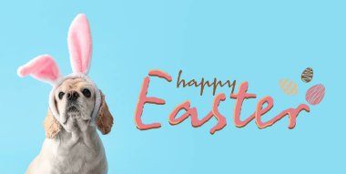 Paskalya kutlaması için afiş. Tavşan kulağı takan sevimli bir köpek.