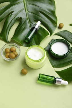 Renkli arka planda doğal kozmetik, zeytin ve palmiye yaprakları bileşimi