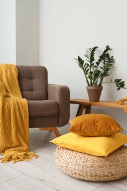 Oturma odasında rahat koltuk ve yumuşak yastıklar.