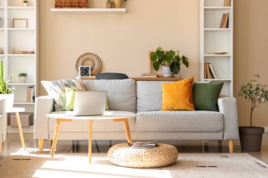 Gri kanepesi, çiçekleri, sehpası ve raf ünitesi olan güzel bir oturma odası.