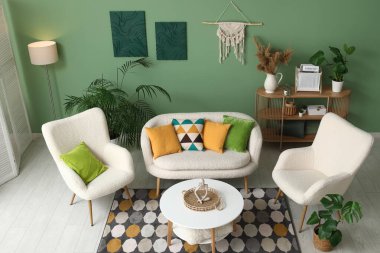 Beyaz kanepesi, koltuğu ve kahve masası olan şık bir oturma odası.