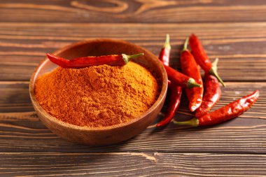 Kırmızı biberli kase ve ahşap arka planda biber.