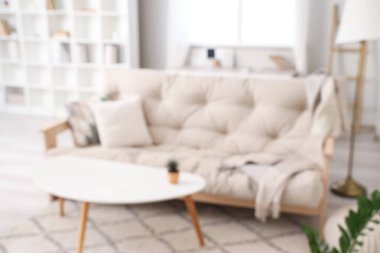 Mis gibi oturma odası, şık bir kanepe ve kahve masası.