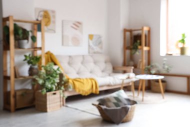 Işıl ışıl oturma odası, rahat beyaz kanepe, sehpa ve ev bitkileri.