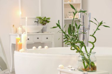 Bambu saplı vazo ve banyoda yanan mumlar.