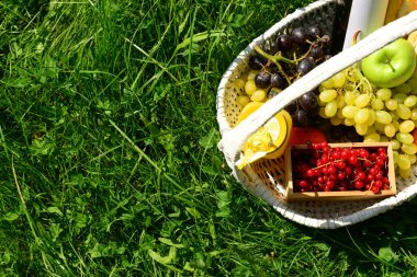 Parktaki çimlerde romantik piknik için lezzetli yiyecek ve içeceklerle dolu bir sepet.