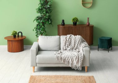 Oturma odasında ekose ve halı olan gri, rahat bir kanepe.