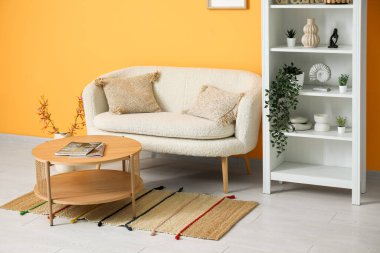 Raf ünitesi ve rahat kanepesi olan modern oturma odası.