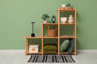 Yeşil duvarın yanında halı, dekor ve ev bitkileri olan modern raf ünitesi