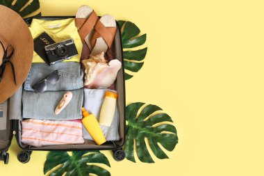 İçinde giysiler, plaj aksesuarları, vibratör ve sarı arka planda palmiye yaprakları olan valizi aç.