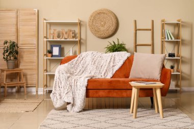 Ekoseli rahat kanepe ve oturma odasının iç tarafında dergi olan kahve masası.