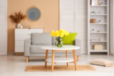 Oturma odasındaki vazoda yastıklı ve nergis çiçekli rahat kanepe.