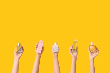 Sarı arka planda farklı parfüm şişeleri olan kadın elleri.