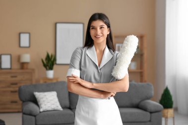 Odasında toz bezi olan genç oda hizmetçisi.