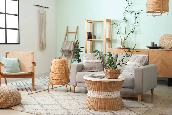 Bambu bitkisiyle modern oturma odasının içi