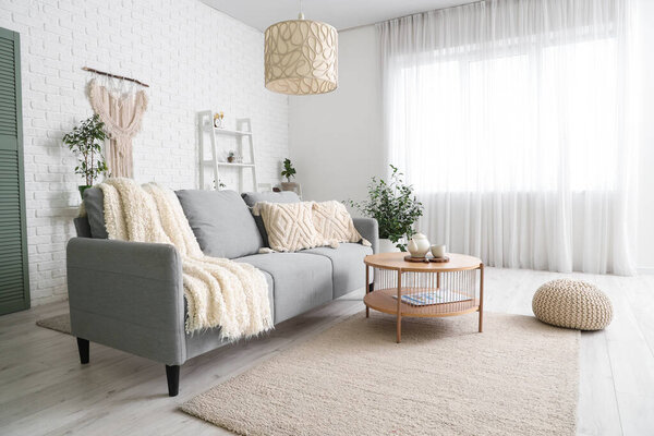 Stylish interior of living room with cozy sofa, houseplant, cushions and coffee table