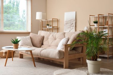 Rahat kanepesi, sehpası, çiçekleri ve yastıkları olan güzel bir oturma odası.