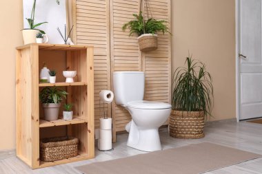 Tuvaleti, rafı ve bitkileri olan modern tuvaletin şık bir iç mekanı.