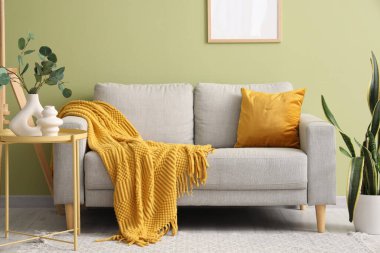 Oturma odasında yastıklı ve ekoseli gri kanepe.