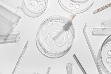 Farklı örnekleri olan petri kapları, beyaz arka planda profesyonel cam kaplar ve pipetler.