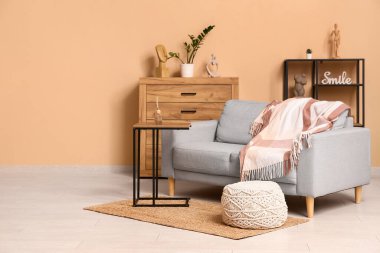 Oturma odasının içinde gri kanepe, klozet ve kahverengi duvarın yanındaki raf ünitesinde ev dekorasyonu var.