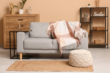 Oturma odasının içinde gri kanepe, klozet ve kahverengi duvarın yanındaki raf ünitesinde ev dekorasyonu var.