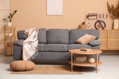 Gri kanepesi, kahve masası ve kahverengi duvarın yanındaki raf ünitesinde dekorasyonu olan oturma odasının içinde.