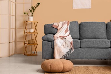 Oturma odasının içinde gri kanepe ve kahverengi duvarın yanındaki raf ünitesinde ev dekorasyonu var.