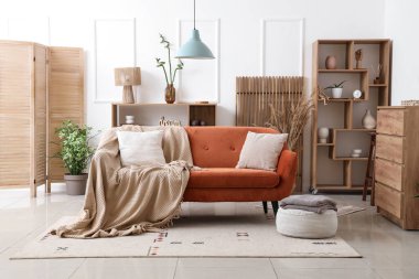 Oturma odasının içinde yastıklı ve ekoseli rahat bir kanepe.