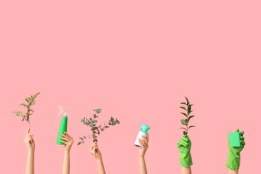 Deterjan şişeleri, sünger ve pembe arka planda bitki dalları olan lastik eldivenli kadın eller.