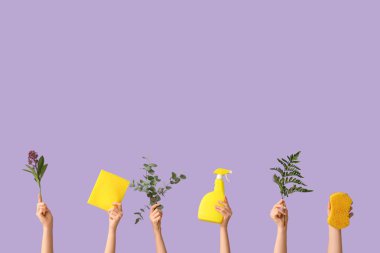 Deterjan, sünger ve mor arka planda bitki dalları olan birçok kadın eli var.