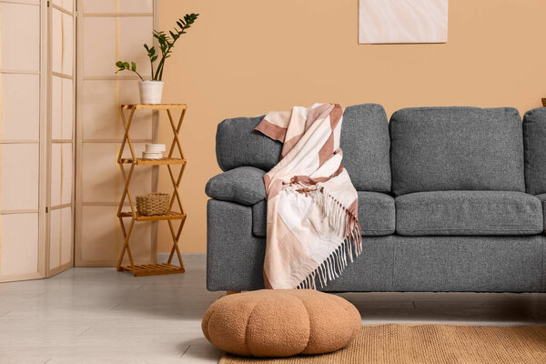 Interior of living room with grey sofa and home decor in shelving unit near brown wall
