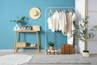 Mavi duvarın yanındaki beyaz elbiseli rafta.