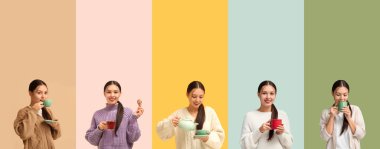 Renkli çay fincanlarıyla bir grup genç Asyalı kadın.